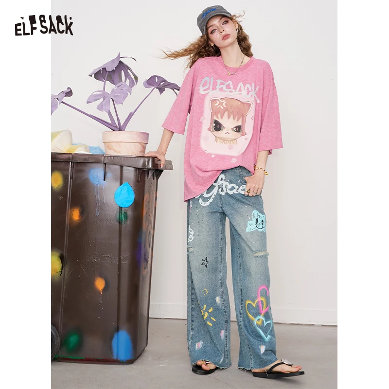 ELFSACK 2025 été nouveauté Y2K Graffiti détruit Denim pantalon jambe large Streetwear jean pour femme