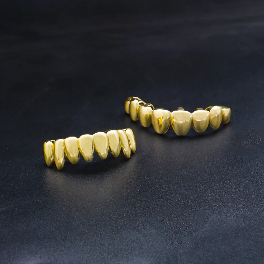 Gold Color Grillz Set Hip Hop 8/8 Top & Bottom Grills Dental Mouth Punk Teeth Caps Cosplay Party Tooth Rapper Halloween TG082