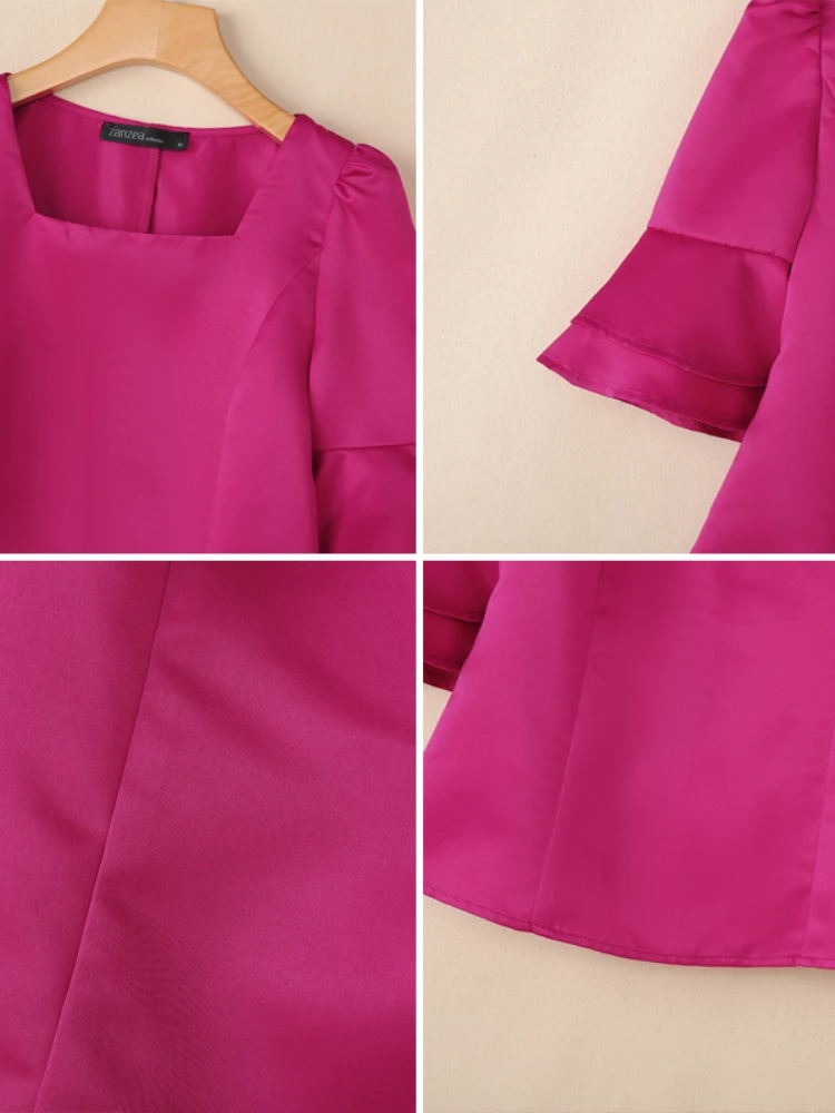 Frauen Satin Blusen Frühling 2026 Elegante Chic Square Neck Layered Ausgestellte Ärmel Solide Ausgestattet Taille Tops ZANZEA Frau Kleidung 3XL