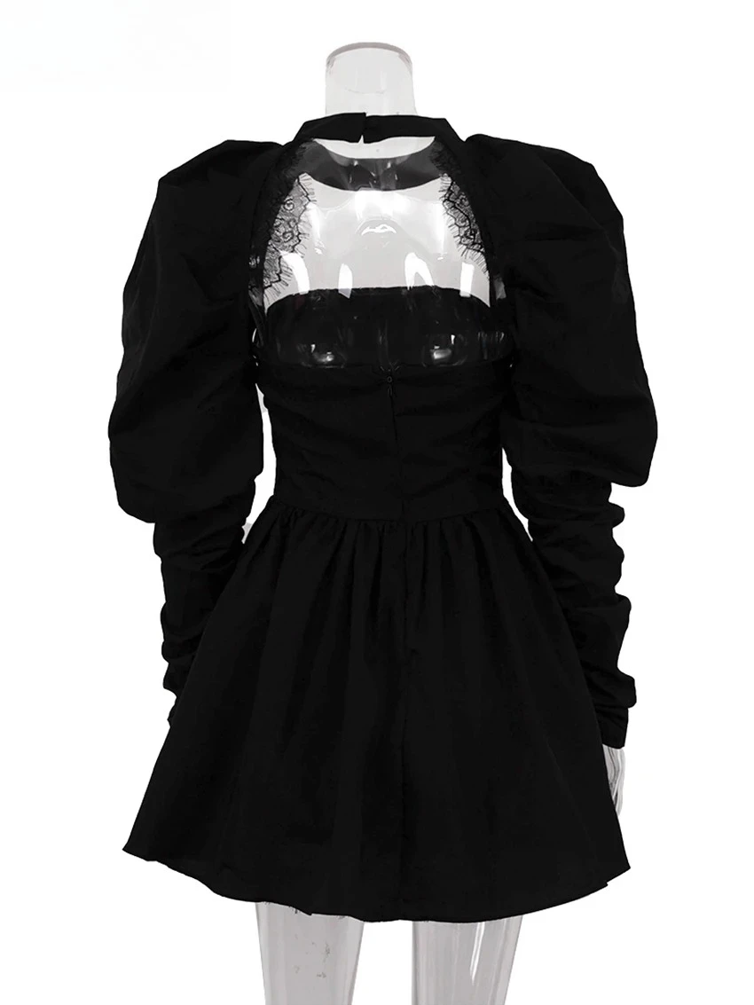 Sexy Slim Black Women's Dress  Bodycon Stand Collar Long Sleeve Mini Dresses Elegant Lace Spliced Female Dress