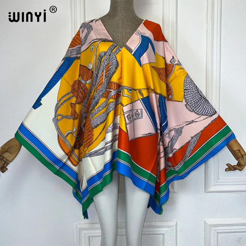 WINYI-Printed twill Silk feeling Dress for Women, Bohemian Summer Beach Top, Batwing Sleeve, New Printed Clothes beach cover up