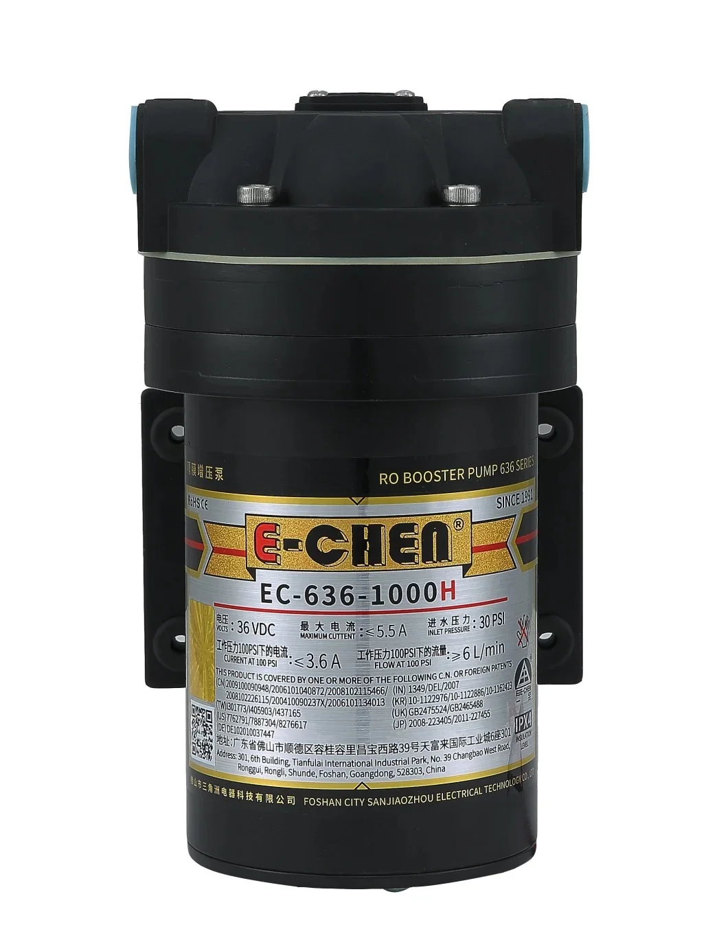 

Электрический мембранный насос E-chen EC-636-1000H, 36В DC, бустерный насос для систем обратного осмоса, производительность ≥ 6 л/мин при 100 PSI, 1000 GPD