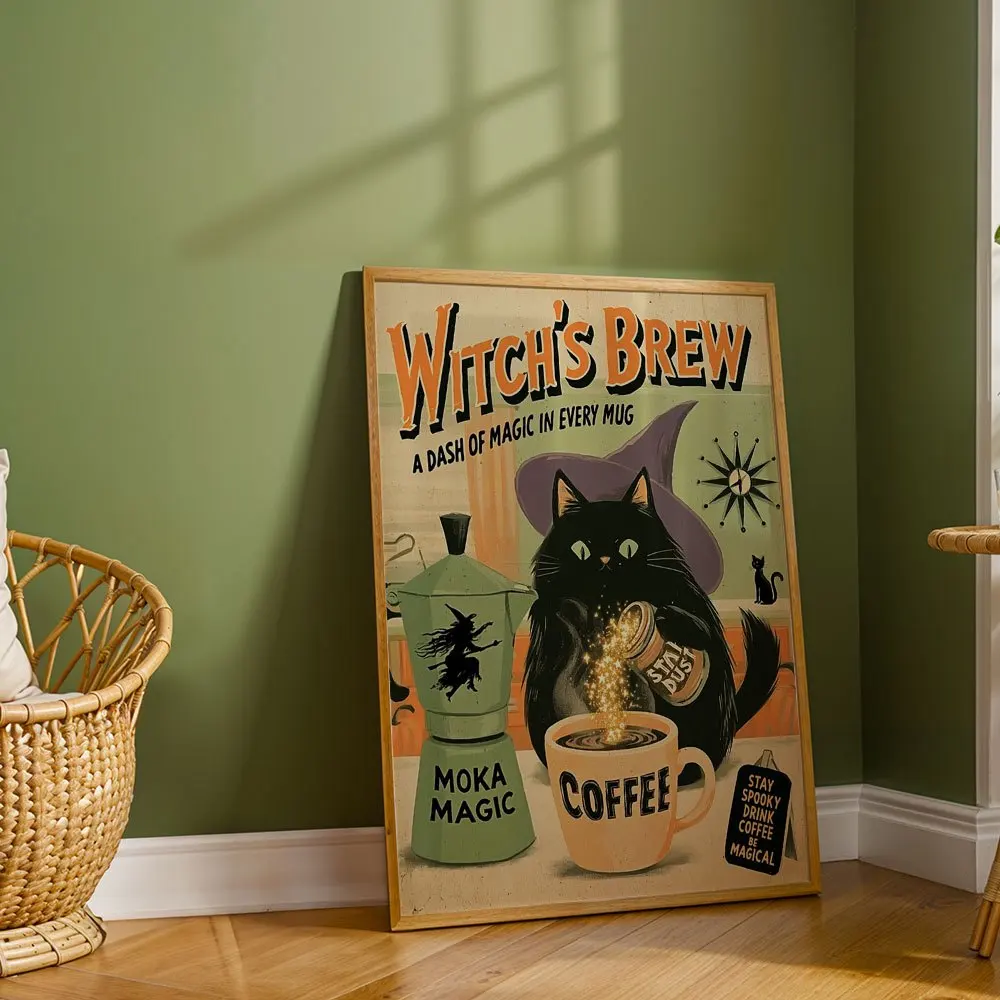 Vintage Witch Black Cat Coffee Canvas Poster Wall Art,2D Print Wall Decor,Aesthetic Home Gift For Kitchen Living Room