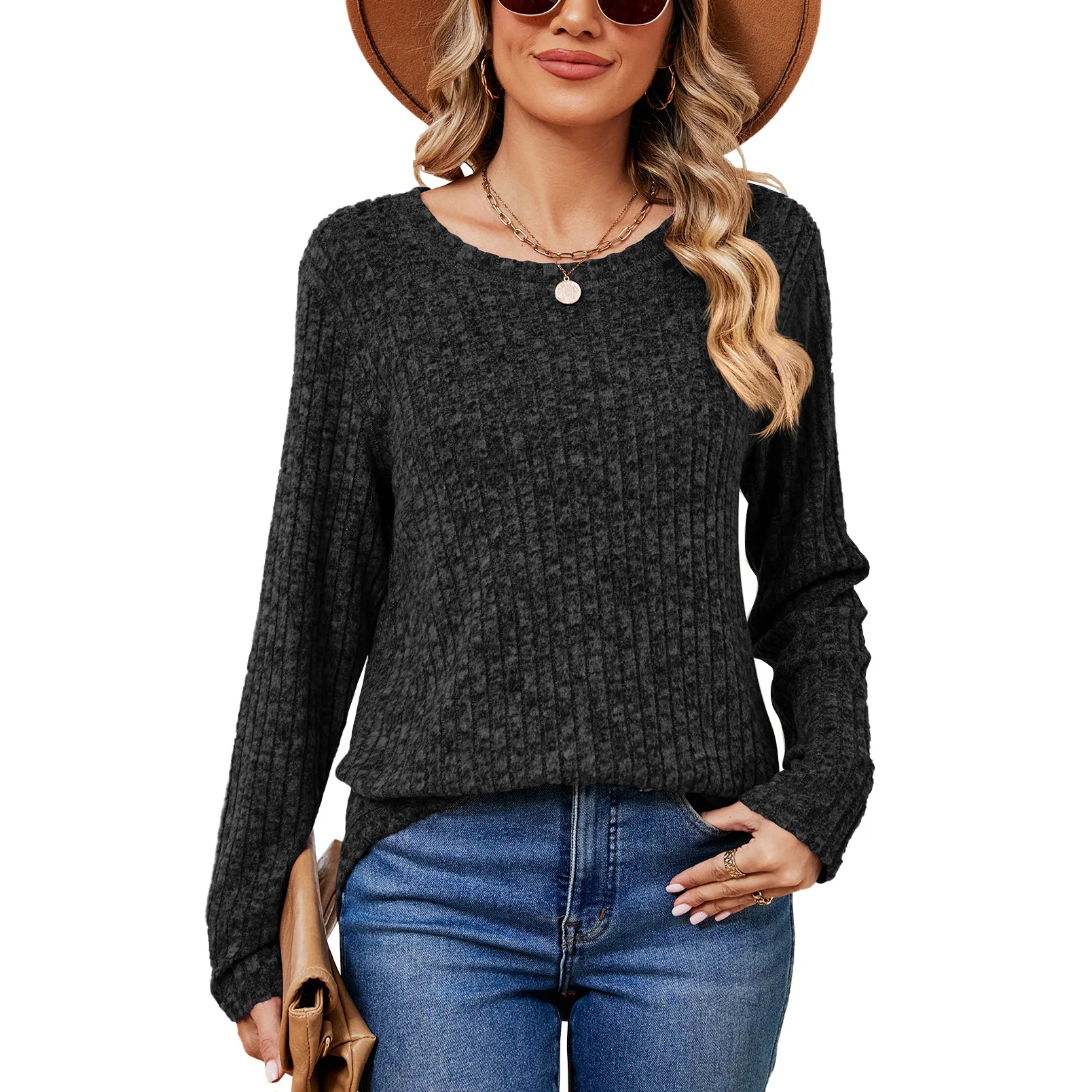 

T-shirt for Female 2023 Autumn and Winter New Fashion Solid Color Round Neck Loose Long-sleeved Pullover Casual Blouse