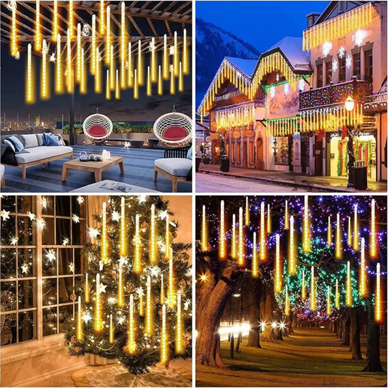 1Pack Meteor Shower Lights Outdoor 8 Tubes Falling Rain Lights Waterproof Lights For Christmas Tree Porch Yard Patio Roof Decor