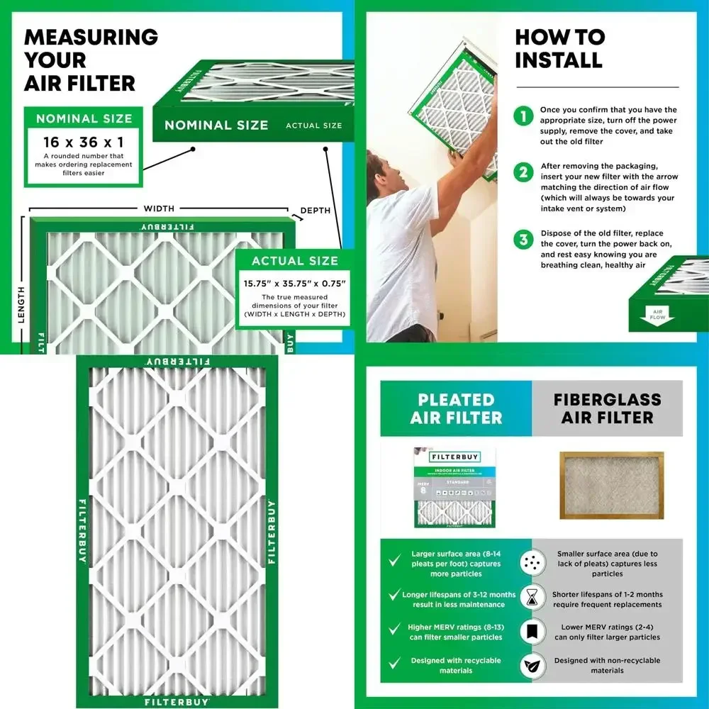

3-Pack MERV 8 Pleated Air Filters for HVAC Systems - 15.75 x 35.75 x 0.75 Inches, Dust & Allergy Relief