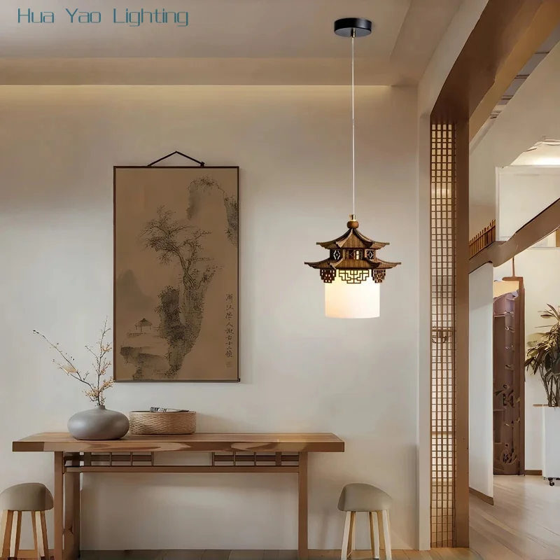 Solid Wood Glass LED  Pendant Light Adjustable Long Wire E27 Free LED Bulb Included for Restaurant Aisle Decor Light Fixture