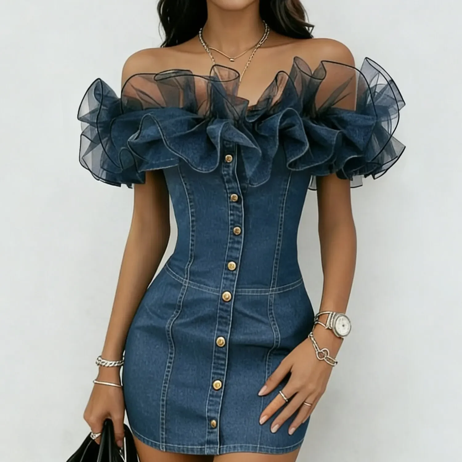 Retro Denim Off-shoulder Mini Dress for Women Mesh Tulle Ruffles Trim Single-breasted Slim Short Dress Street Bodycon Jean Dress