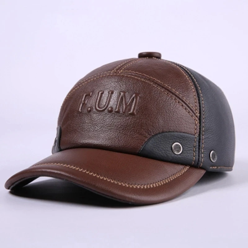 

Winter Genuine Leather Patchwork Baseball Caps For Men Golf Peaked Dome Hats Male Letters Adjustable Ear Warm Casquette