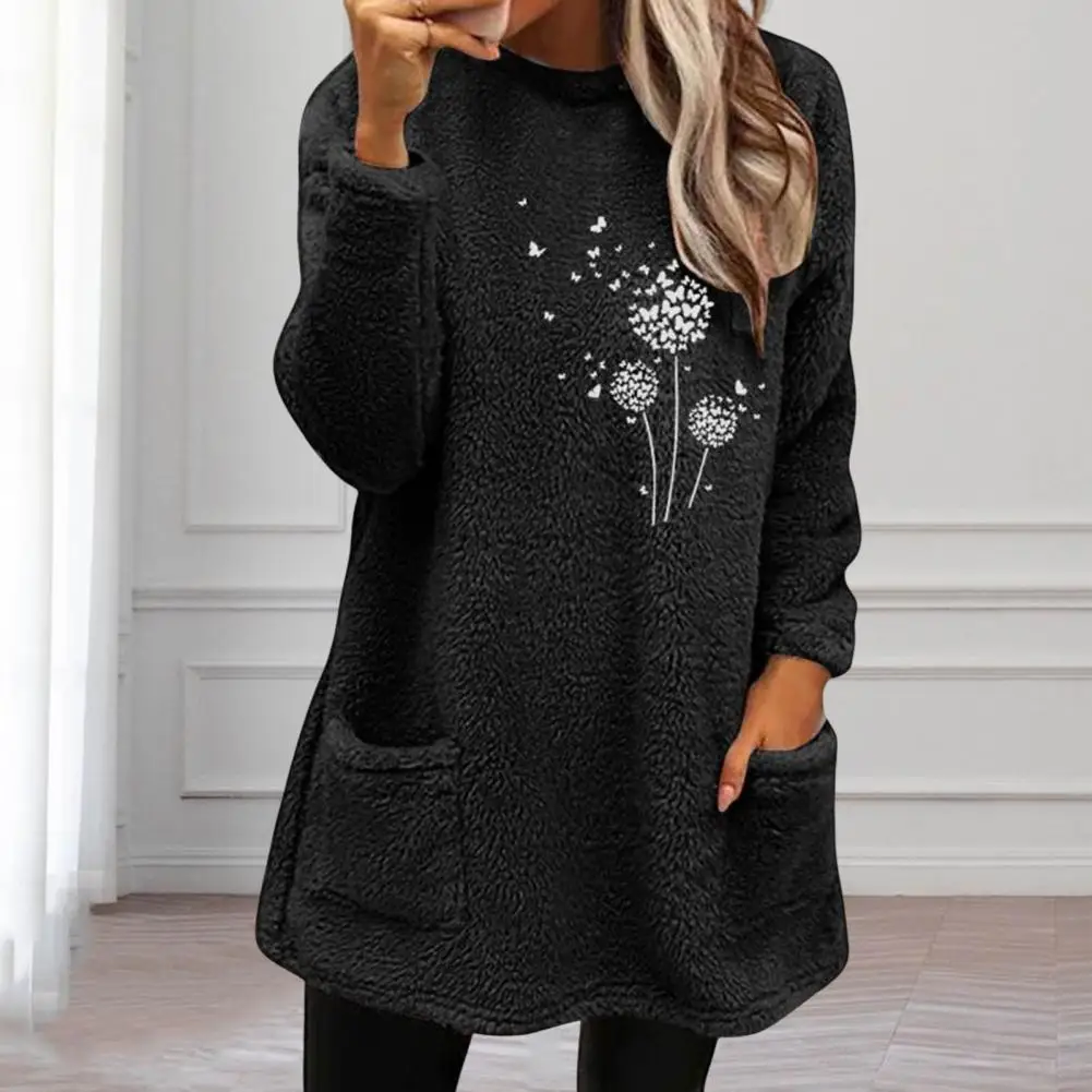 2022 Fall Winter Fashion Fleece Top Women Casual Long Sleeve Loose Homewear Tee Elegant O Neck Warm Solid Color Pullover Blouse