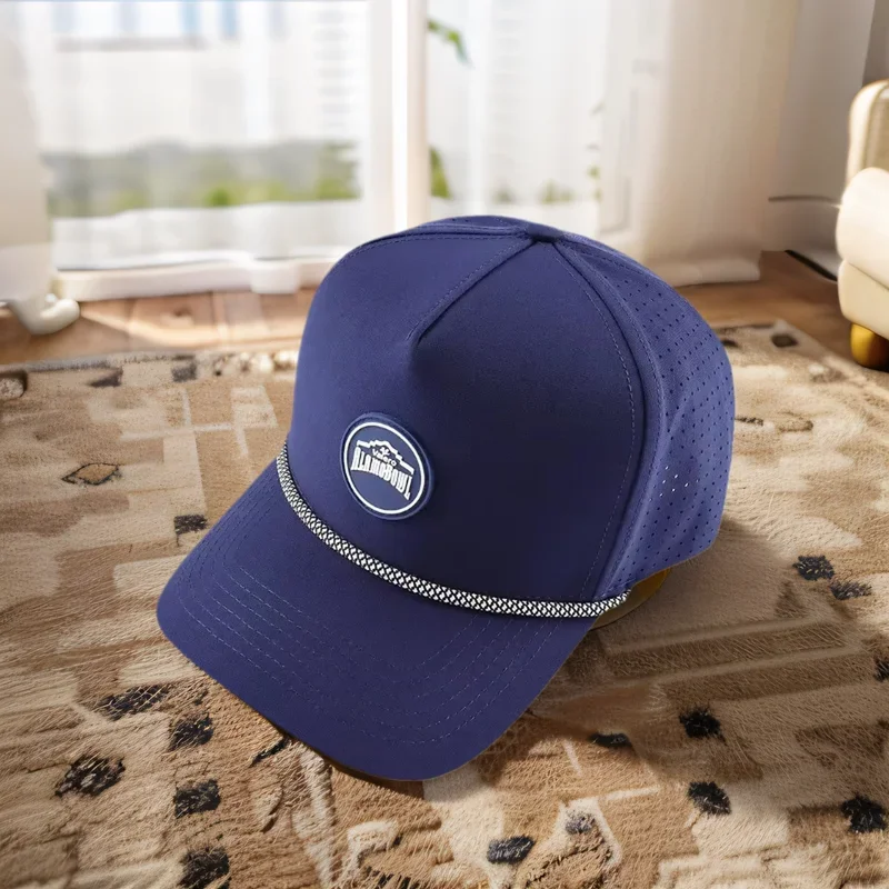 

Оптовая продажа, 5-панельная резиновая бейсболка с логотипом из ПВХ, водонепроницаемая перфорированная шляпа с лазерным вырезом, спортивная кепка для гольфа