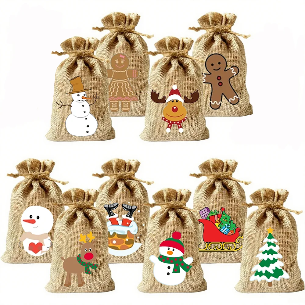 

10Pcs Christmas Drawstring Goody Candy Bags Winter Holiday Gifts for Kids Santa Claus Gift Filling Bag Elk Sled Gingerbread Man
