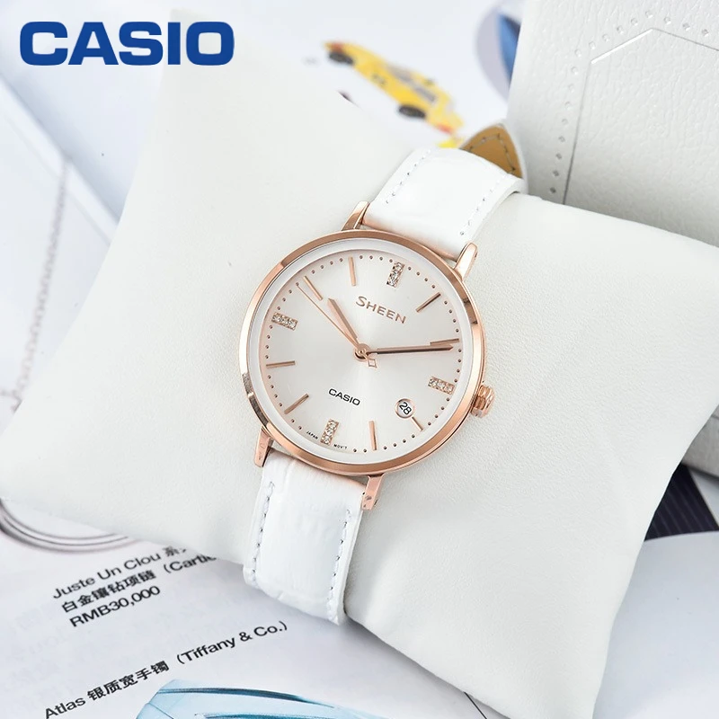 Casio SHE-4048PGL-7A SHEEN Women Quartz Watch Rose Gold IP Case Genuine Leather Strap Elegant Ladies Wristwatch