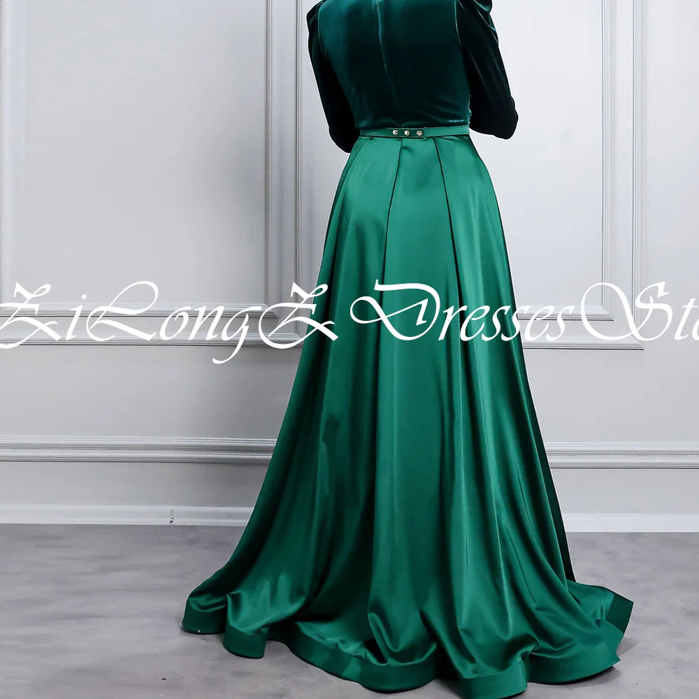 Plus Size Dresses For Occasions Square Neck Sweep Train Floor Length A-Line Velvet Sashes Long Sleeves Front Silt Pleats