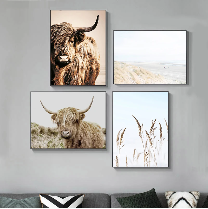 Wall Art Canvas Painting Wheat Plant Nordic Highland Cow Alpaca Posters And Prints Landscape Wall Pictures For Living Room De