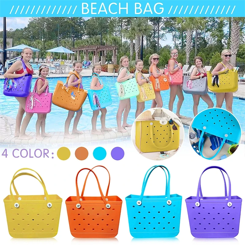 Large Size Beach Bags Women Silicon Beach Tote with Portable Travel Bag Washable Waterproof Sandproof Shopping Storage Basket