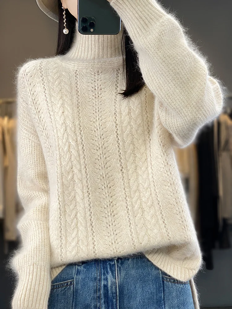 Women Mock-neck Grace Pullover Sweater Autumn Winter Warm Soft Tops 100% Mink Cashmere Knitwear Casual Jumpers 2024 New Fashion