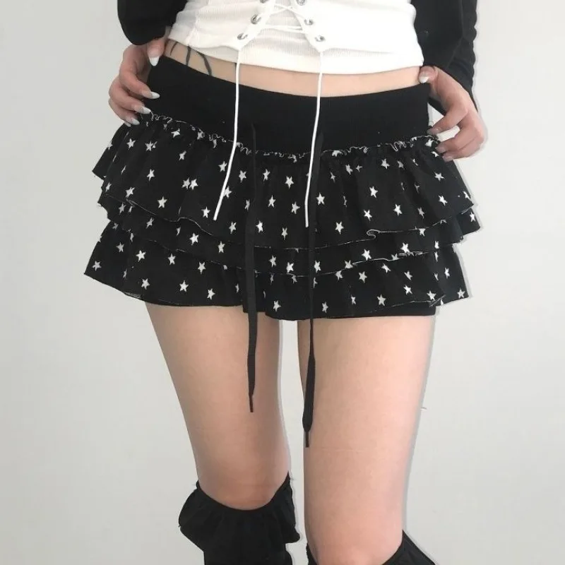 Kawaii Vintage Y2K Gothic Star Tiered Puffy Mini Skirt Drawstring Elastic Waist Ruffle Hem Black Grey Beige Sexy Skirt for Women