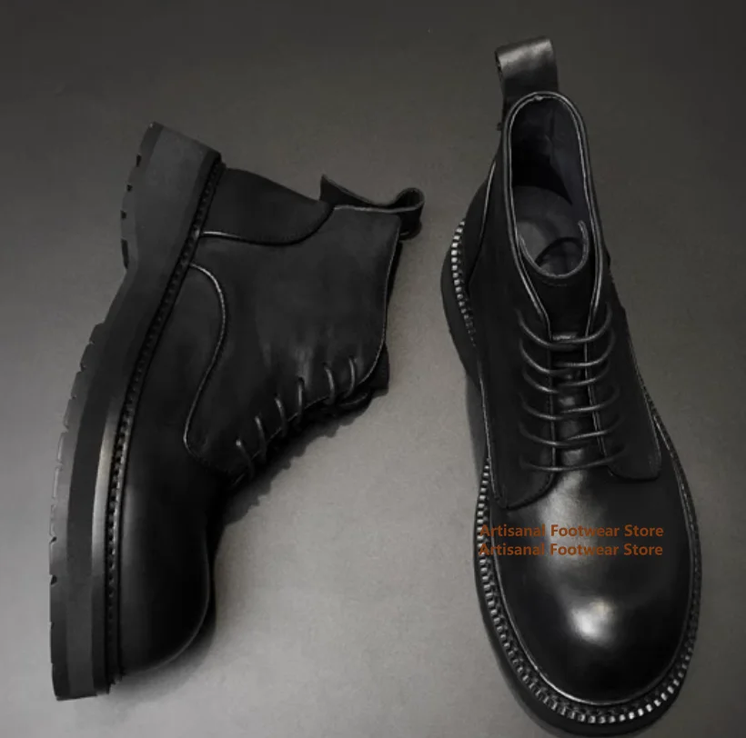 

Thick Soled Men's Boots Round Toe Lace-Up Motorcycle Boots High Top Leather Shoes British Style Handmade Men Shoes