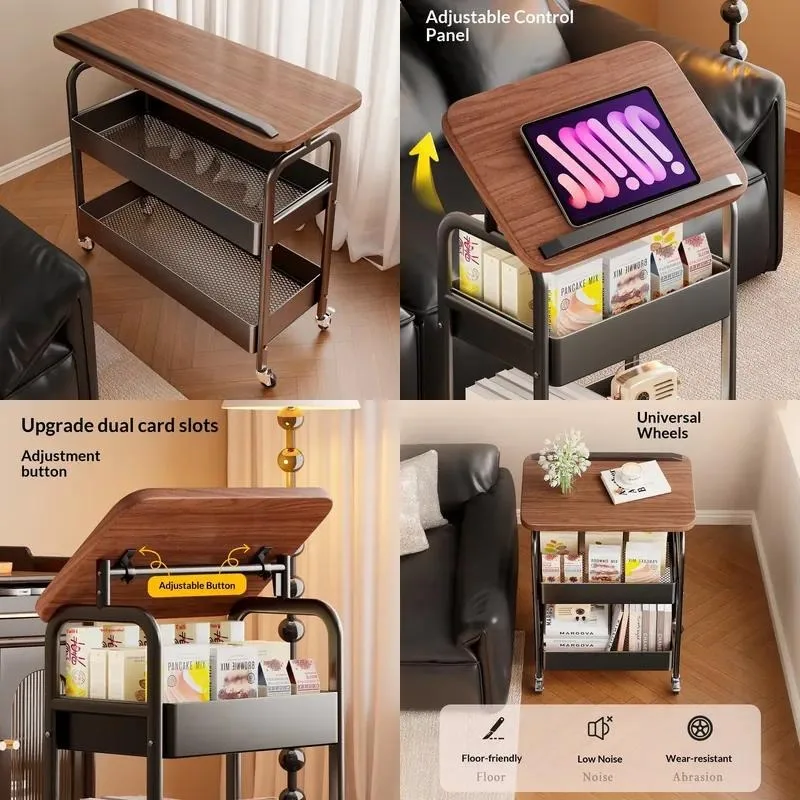 Customizable Movable Two Layer Rectangular Metal Storage Cart with Wheels Simple Elegant Snack Rack for Sofa Side
