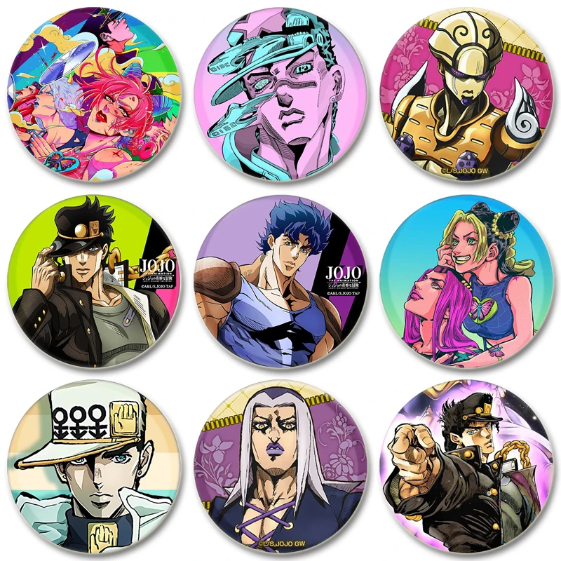 JoJo's Bizarre Adventure Pin para mochilas 32/44/58mm alfileres y broches redondos de plástico esmaltado figura creativa de dibujos animados insignia regalos