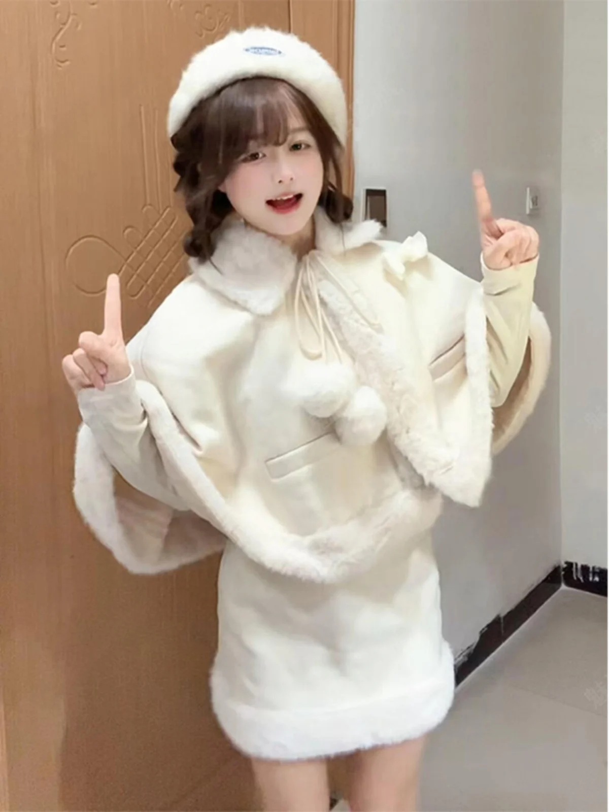 

Korean Style Winter Outfit Women's New Year's Elegance White Faux Fur Cloak Fluffy Jacket Wrap around Skirt Two Piece Set