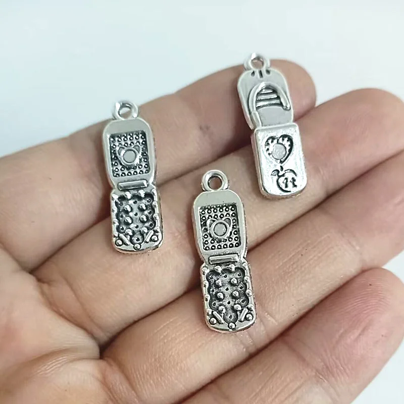 15pcs Charms Cellphone Mobile 27x8mm Antique Silver Color Plated Pendants Making DIY Handmade Tibetan Silver Color Jewelry