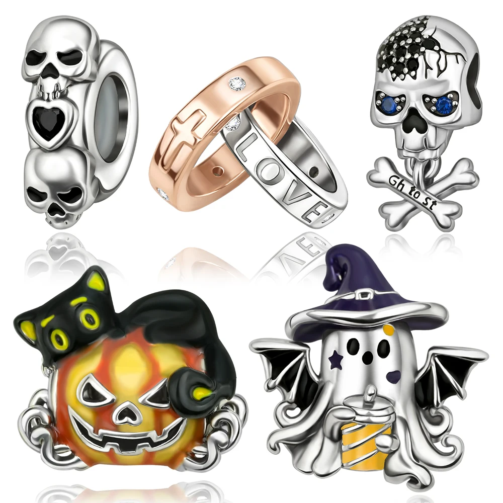 

Серия украшений на Хэллоуин: Шармы из стерлингового серебра 925 пробы (череп, ночная подсветка, черная кошка, тыква, призрак, кольцо) для брендовых браслетов и DIY-украшений