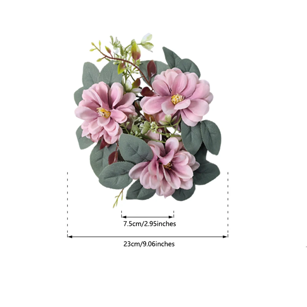 2 Stück Kerzenständer-Girlande, florale Kerzen-Mittelstücke, Dahlie-Kerzenkranz, Kerzenring, Teelichtkerze, künstlicher Pflanzenkranz – Detail 6