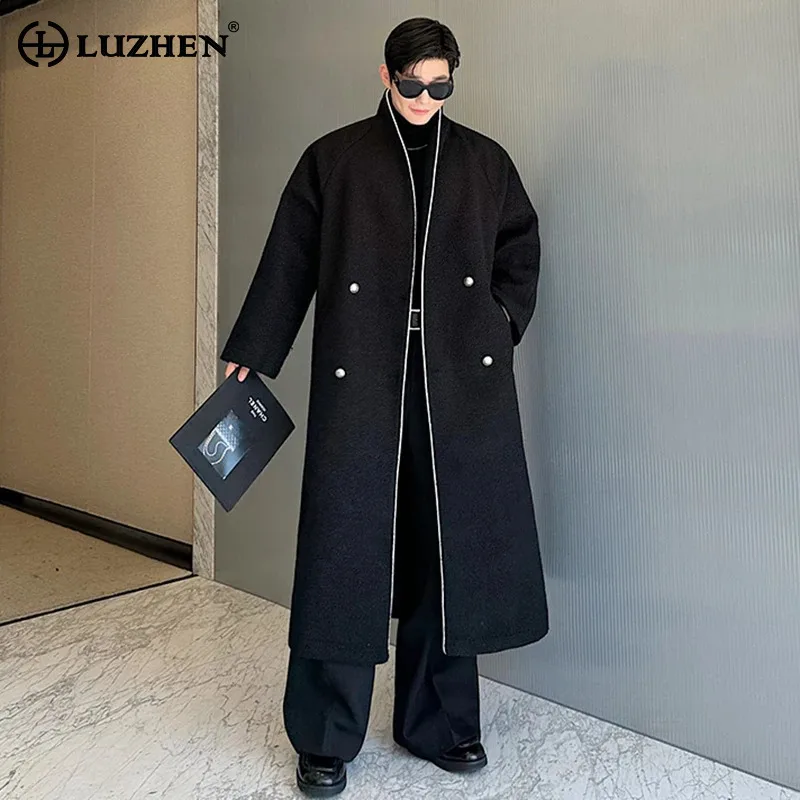 

LUZHEN Simplicity Niche Designer Woolen Long Men Trench Coat Collarless Double Breasted Light Luxury Clothes Windbreaker JY5482