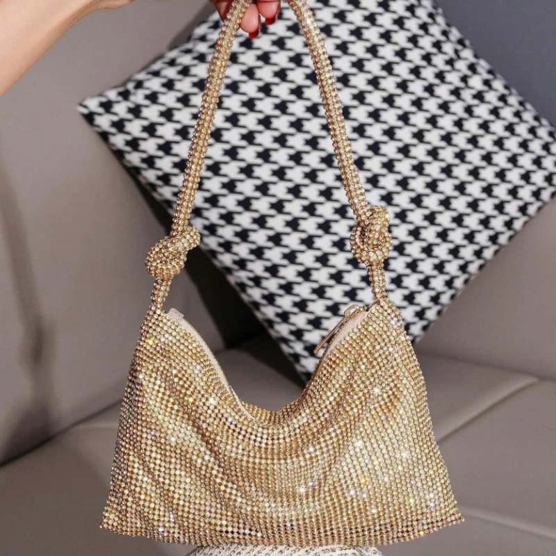 Golden Rhinestone Hobo Shoulder Bag, Knotted Crystal Encrusted Strap,Shiny Hand‑carry Purse, Elegant Evening Handbag for Wedding