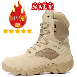 Botas táticas de couro força especial masculina, bota impermeável de combate ao deserto, sapatos de trabalho plus size, caminhada