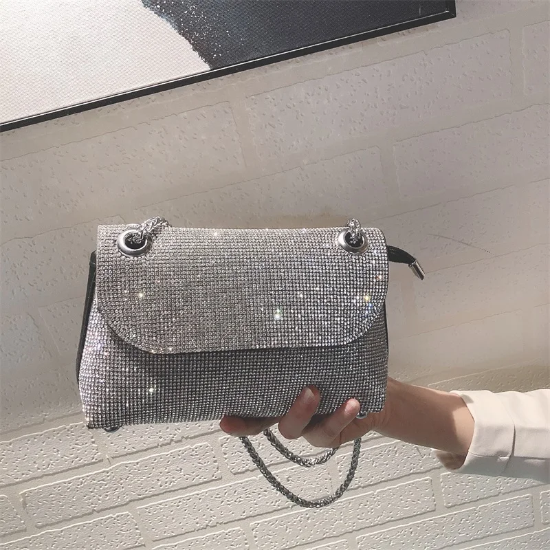 Luxury Glitter Rhinestones Diamond Square Bag Bling Shiny Evening Bag Wedding Party Clutch Purse Women Handbag Shoulder Bag