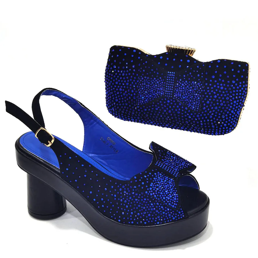 Black Blue Women Platform Shoes And Bag Set To Match African Sandals With Handbag Pumps Clutch Femmes Sandales CR960