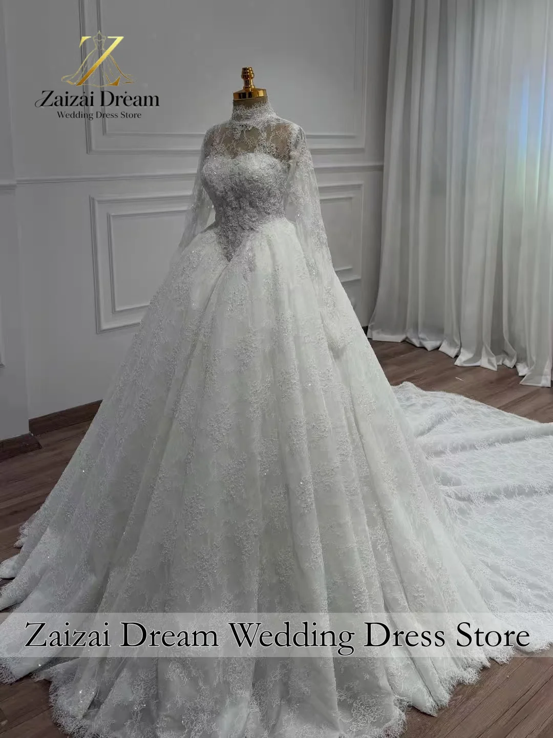 Customized Royal Princess Wedding Dress High Neck Long Sleeves Glitter Lace Bridal Gown Cathedral Train Vestido De Novia