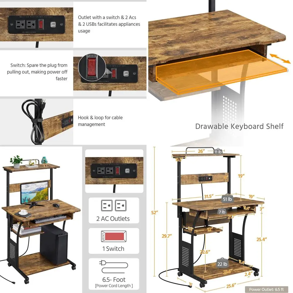 

3 Tiers Rolling Computer Desk on Wheels with Charging Station and Keyboard Tray, Mobile Home Office Desk PC Laptop Workstation w