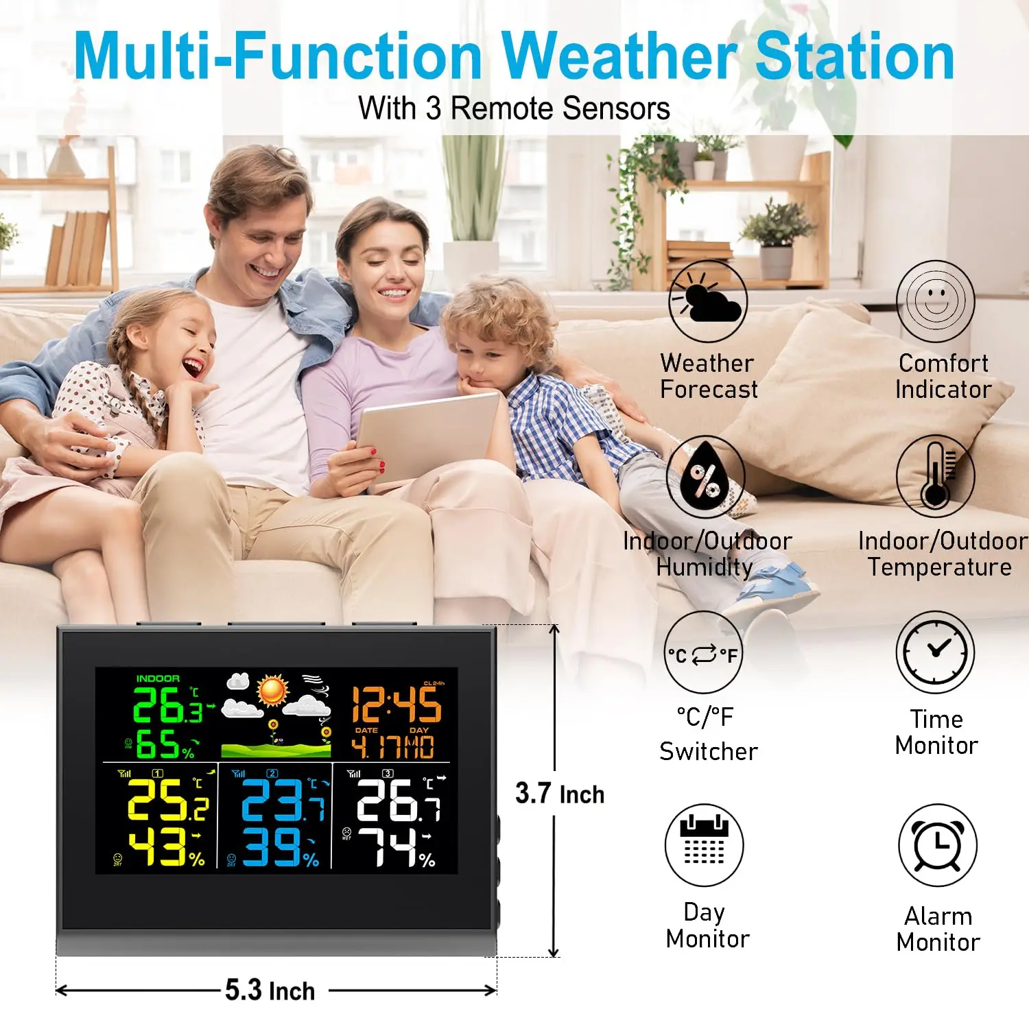 

Smart Digital Weather Station Indoor Outdoor Wireless Thermometer Hygrometer with 3Sensors Large Color Display, for Home Office