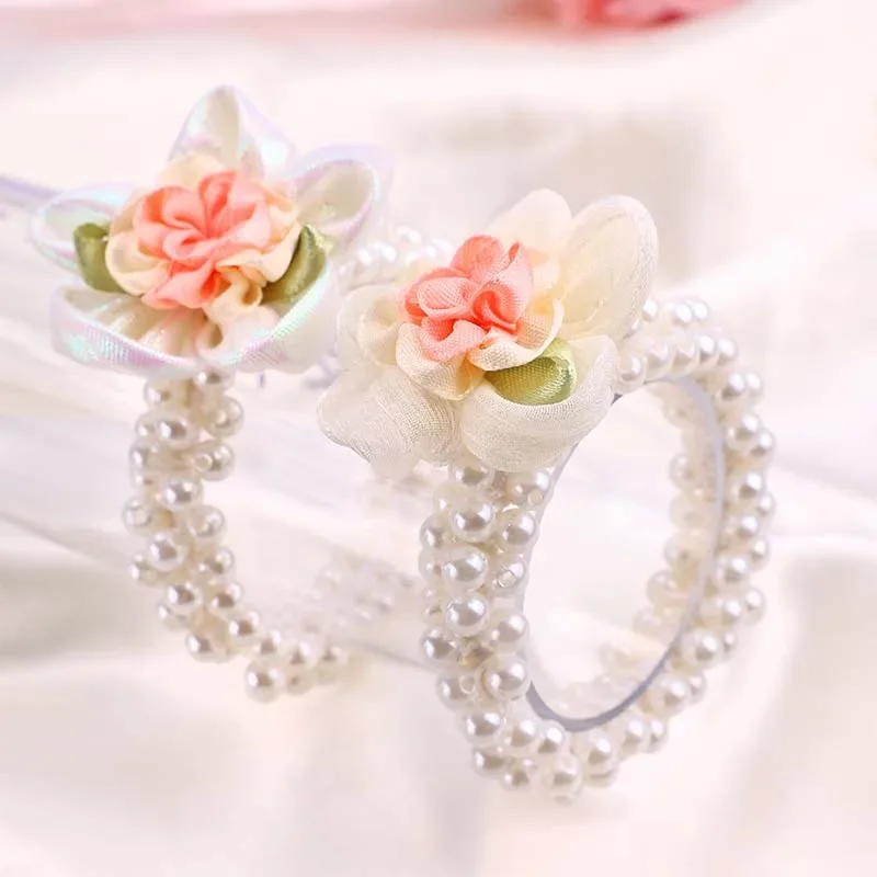 Oaoleer 2Pcs/set Sweet Girls Flower Pearls Hair Tie Rope Cute Elastic Hair Bands Hair Scrunchies Girl Ponytail Korea Accessories