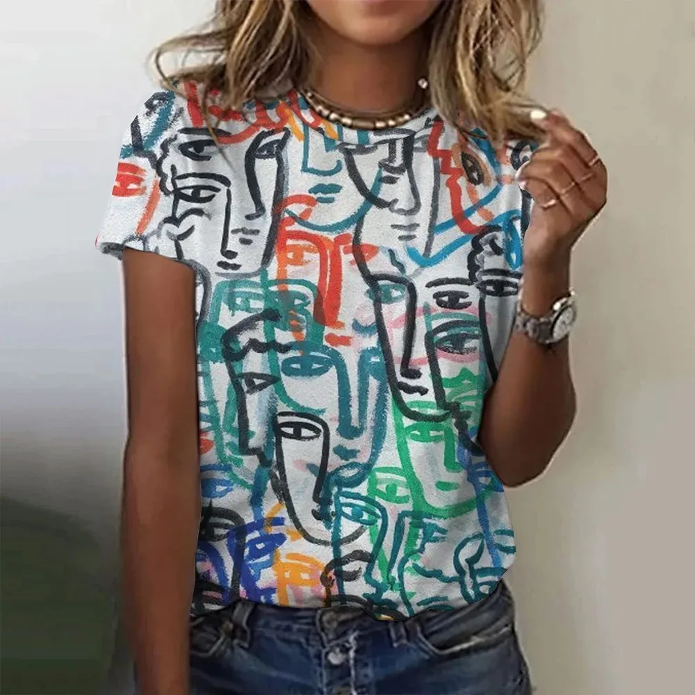 Picasso Abstract 3D Painting Vintage Elegant  Women's T-shirts Short Sleeve Fashion Trend Tees Casual Style Lady's Clothing