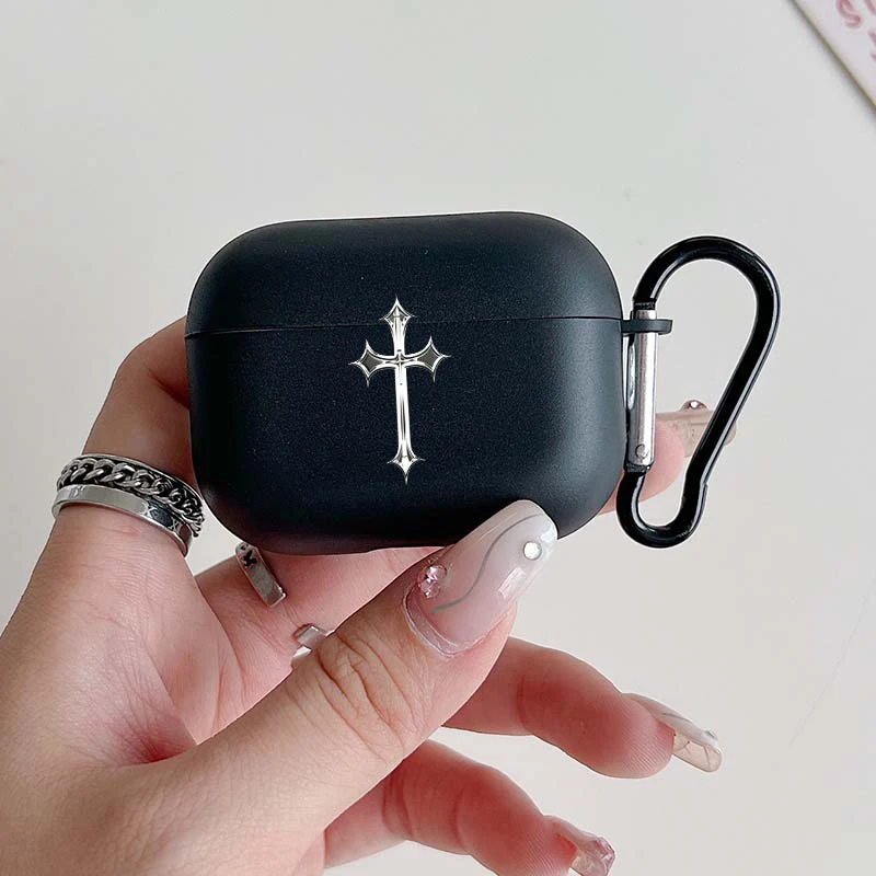 

Gothic Silver Cross Earphone Case For AirPods 4/3/2/1 Headphones Cover For AirPods Pro3/Pro2/Pro Shockproof Cover With Carabiner