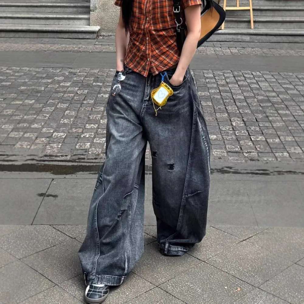 2026 Spring Women Vintage Washed Distressed Baggy Jeans Deconstructed Wide Leg Curved Streetwear Hip Hop Jazz Dance Pants