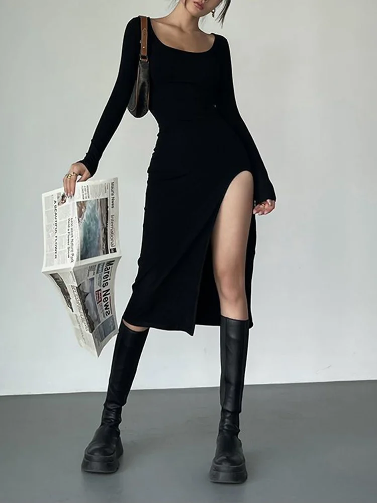 Dress for Women Skinny Sexy Split Over-the-knee Dress Long Sleeve Dresses Black Street Bodycon Autumn Fashion Y2k Clothing