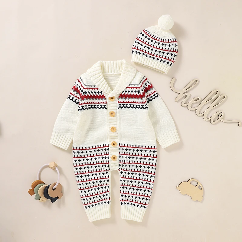 

Newborn Baby Romper Knit Infant Girl Boy Jumpsuit 0-18M Long Sleeve Autumn Toddler Kid Clothes Hat Fashion Striped Overalls 2PC