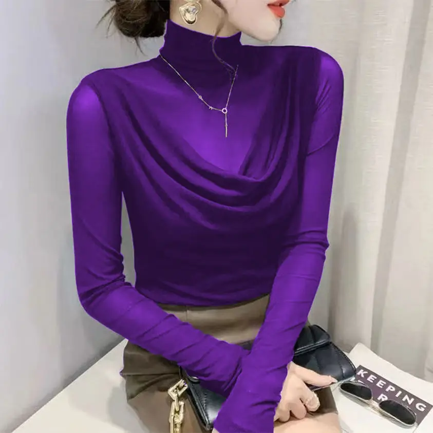 Turtleneck Mesh See-through T-shirts Women Slim Stretchy Long Sleeve Chic Elegant Sexy Tops Autumn Chic European Style Stylish image 2