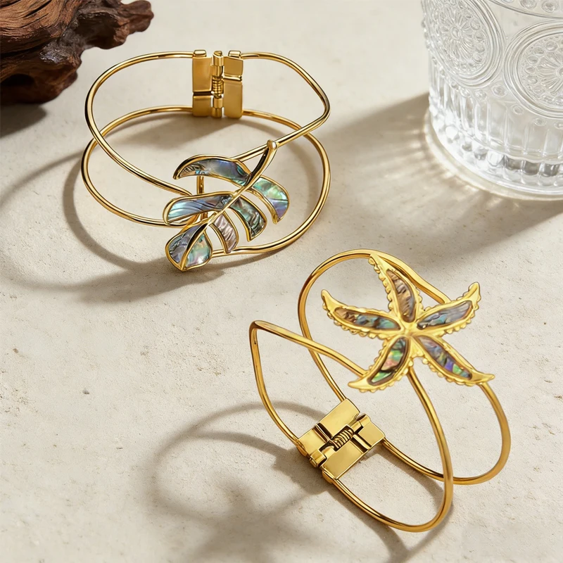 

Exaggerated Colorful Abalone Shell Starfish Monstera Leaf Bangle Gold Plated Stainless Steel Hollow Buckle Bracelet Jewelry Gift