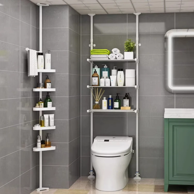 

Floor Standing Toilet Storage Rack Tension Pole Bathroom Organizer for Laundry Room Space Saving Shelf for Above Washing Machine