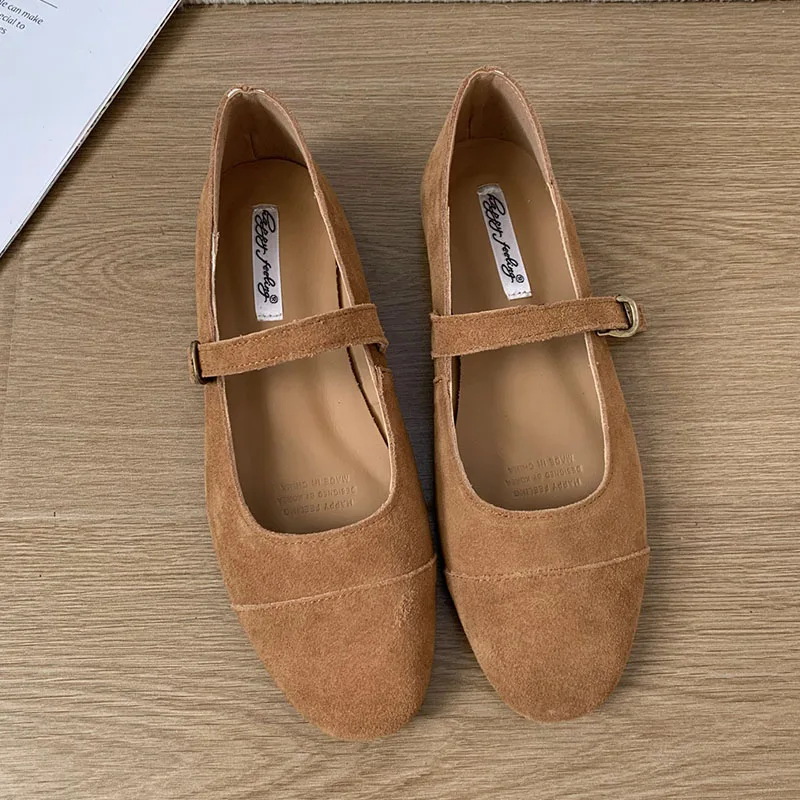 Fashion Mary Jane Shoes Women Flats Ballet Cow Suede Girl Style Ballerina Leather Green Retro Moccasin Casual Ladies Ballerins