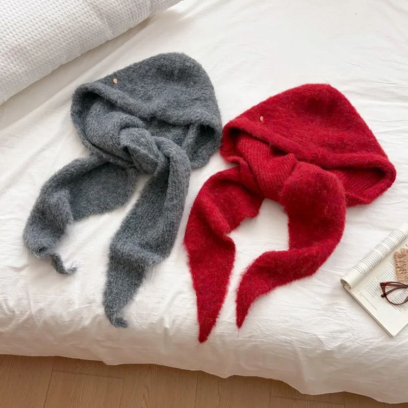 High-quality Korean New Balaclava Hat with Wool Women's Two-piece Set of Warm Ear Protection Integrated Scarf French Hat