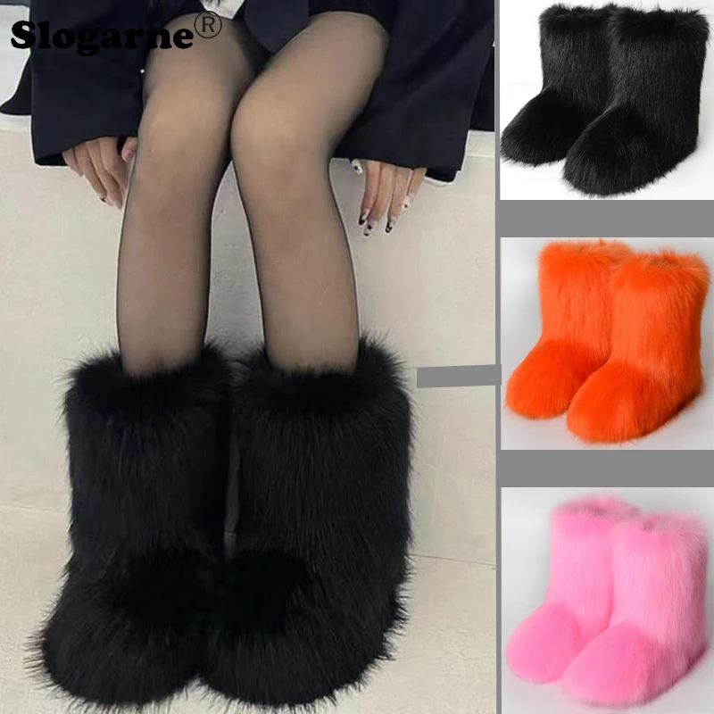 Women\'s Winter Snow Boots Outdoor Luxury Furry Faux Fox Fur Boots Woman Plush Warm Platform Shoes New Fashion Bottes Big Size 44