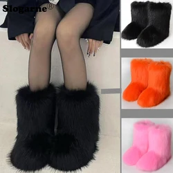 Women's Winter Snow Boots Outdoor Luxury Furry Faux Fox Fur Boots Woman Plush Warm Platform Shoes New Fashion Bottes Big Size 44